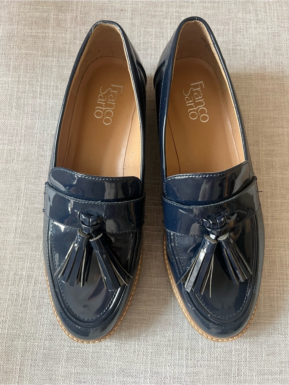 Franco Sarto Navy Tassel Loafers, women’s 7.5, glossy office, casual dressy fall